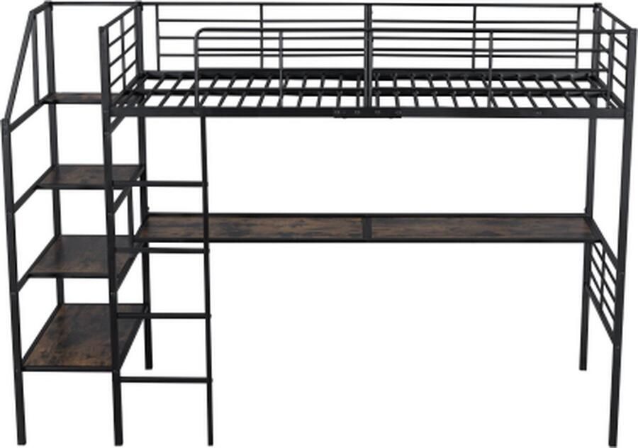 Gotagee Hoogslaper 90x200cm ijzeren bed (zonder matras) zwart metalen bed eenpersoonsbed jeugdbed met bureau en opbergruimte