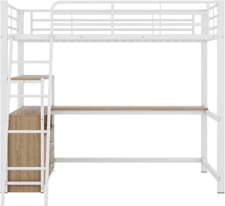 Gotagee Hoogslaper 90x200cm ijzeren frame bed praktische lades stijlvol L-vormig bureau laminaat design zonder matras