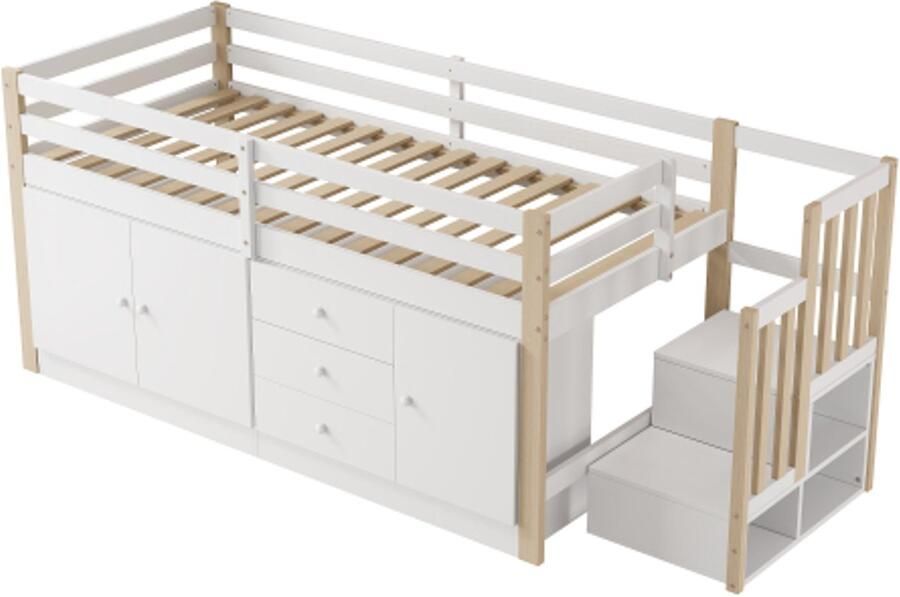 Gotagee Hoogslaper 90x200cm kinderbed eenpersoonsbed multifunctioneel kinderbed met trap met lades met 2 opbergkasten en kledingroede zonder matras wit