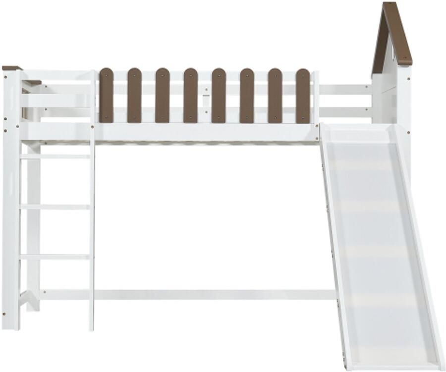 Gotagee Hoogslaper 90x200cm met dak en raam met drie-traps rechte ladder jeugdbed kinderbed met glijbaan wit+walnoot