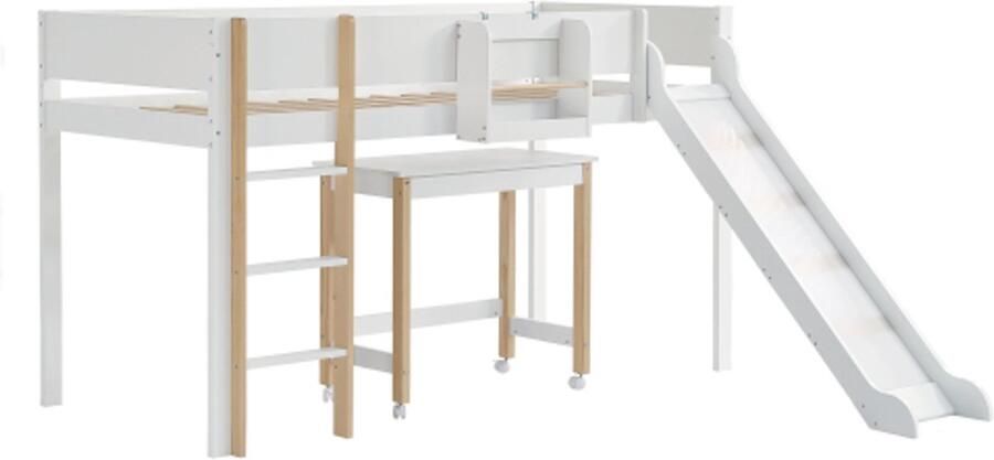 Gotagee Hoogslaper 90x200cm met drietraps rechte ladder kinderbed jeugdbed met glijbaan en tafel met uitneembare plank grenen+MDF wit+naturel