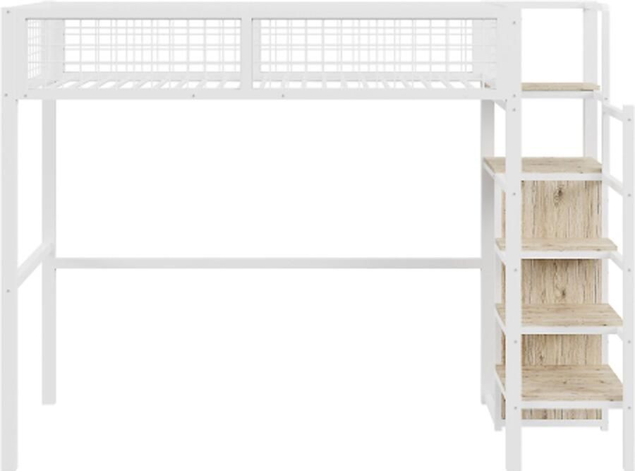 Gotagee Hoogslaper 90x200cm met ladder kinderbed met ijzeren frame en opbergplank kledingkast wit