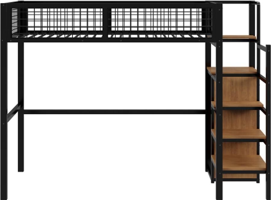 Gotagee Hoogslaper 90x200cm met ladder kinderbed met ijzeren frame en opbergplank kledingkast zwart