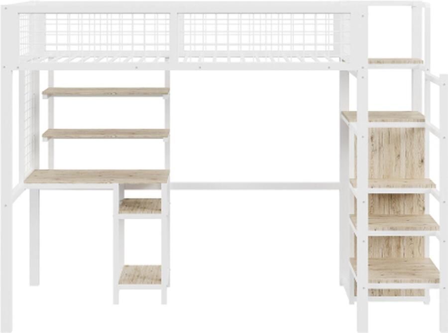 Gotagee Hoogslaper 90x200cm met Veiligheidsladder Kinderbed met IJzeren Frame Kast en Computertafel