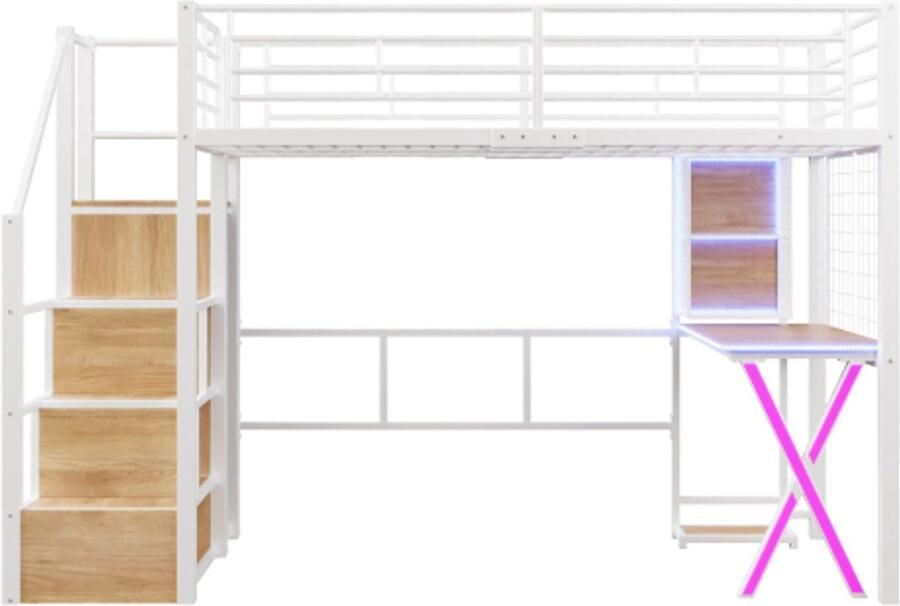 Gotagee Hoogslaper 90x200cm sfeerverlichting met afstandsbediening opbergladder bureau kledingkast planken zonder matras wit