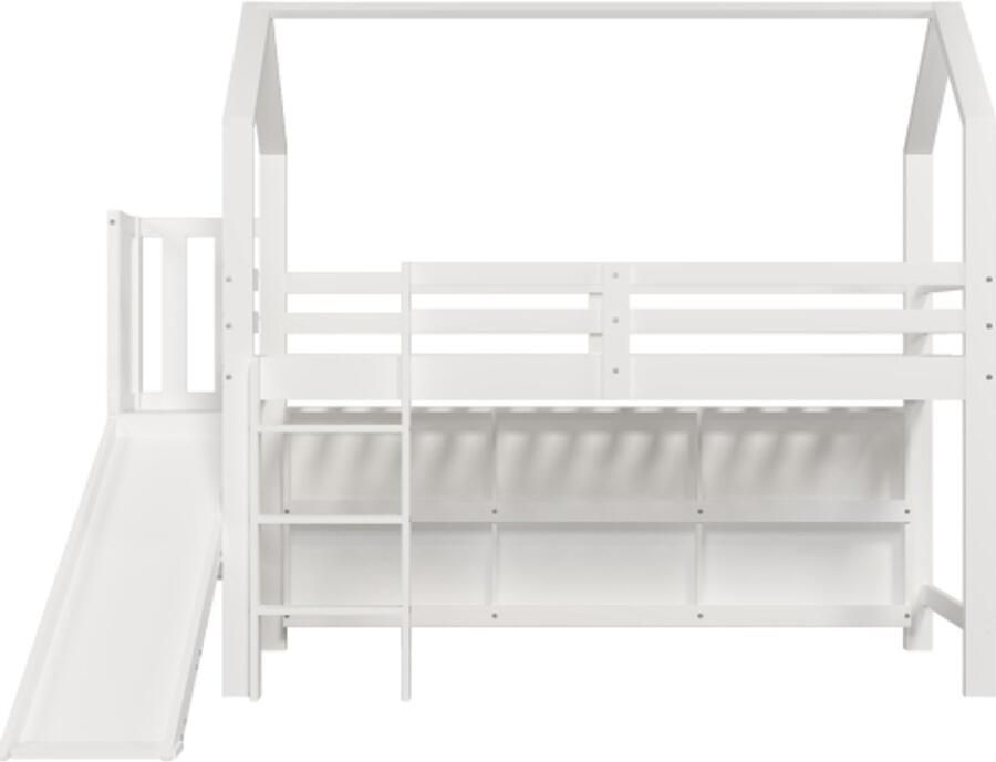 Gotagee Hoogslaper eenpersoonsbed 90x200 cm multifunctioneel kinderbed met glijbaan & trap & opbergruimte & plank zonder matras massief hout + MDF wit