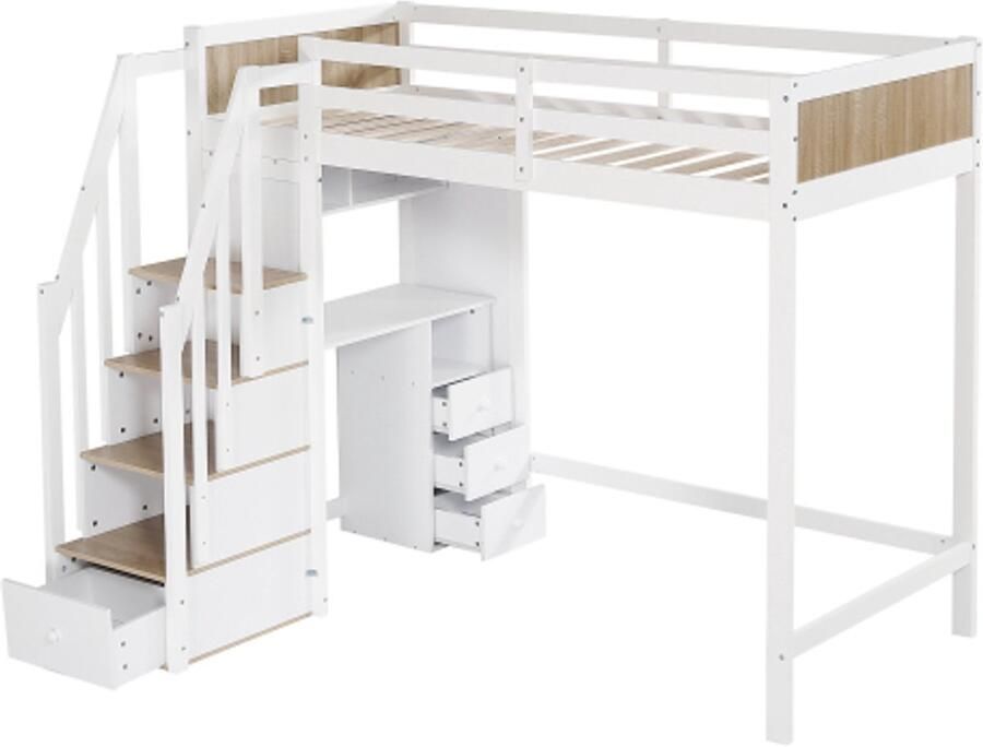 Gotagee hoogslaper kinderbed met contrasterend valbeveiligingsrooster bureau met 3 laden 4-traps ladderkast open plank wit+naturel 90x200cm