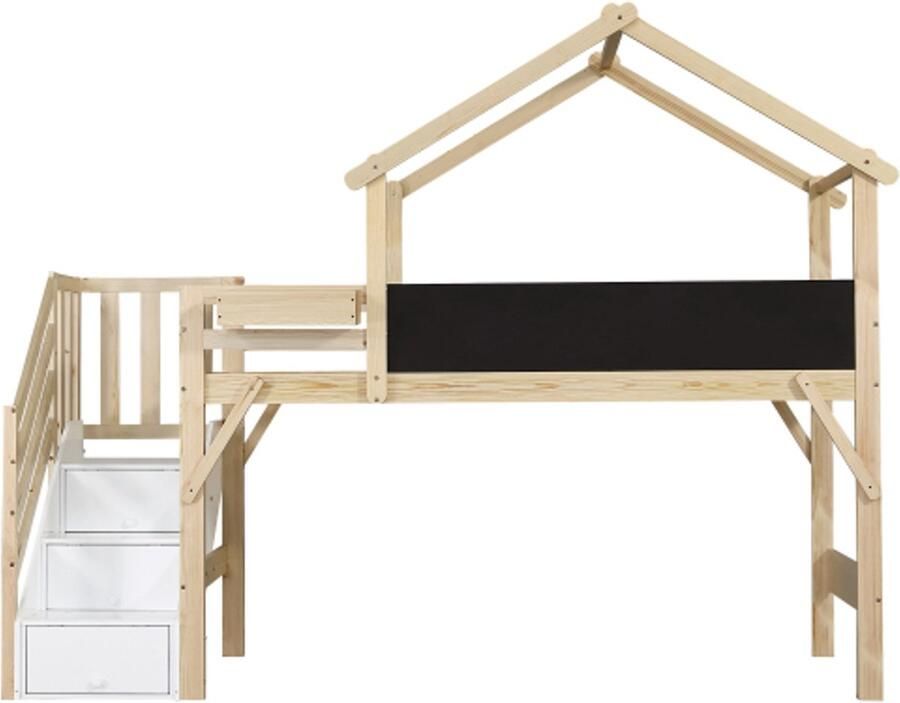 Gotagee hoogslaper kinderbed met valbeveiliging en spijlen dakdesign overschilderbaar bord met 3 opbergvakken in de trap wit+naturel 90x200cm