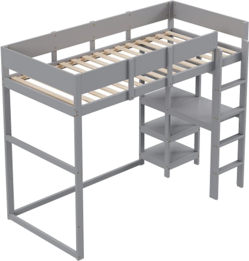 Gotagee Hoogslaper met opbergruimte 90 x 200 cm bedframe van grenenhout met lattenbodem bed voor kinderen en tieners grijs