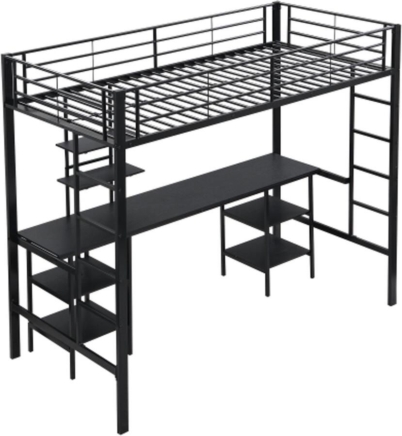 Gotagee hoogslaper met tafel en planken geschikt voor kinderen en tieners kinderbed met zijladder met valbeveiligingsrooster ijzeren bed Zwart 90x200cm