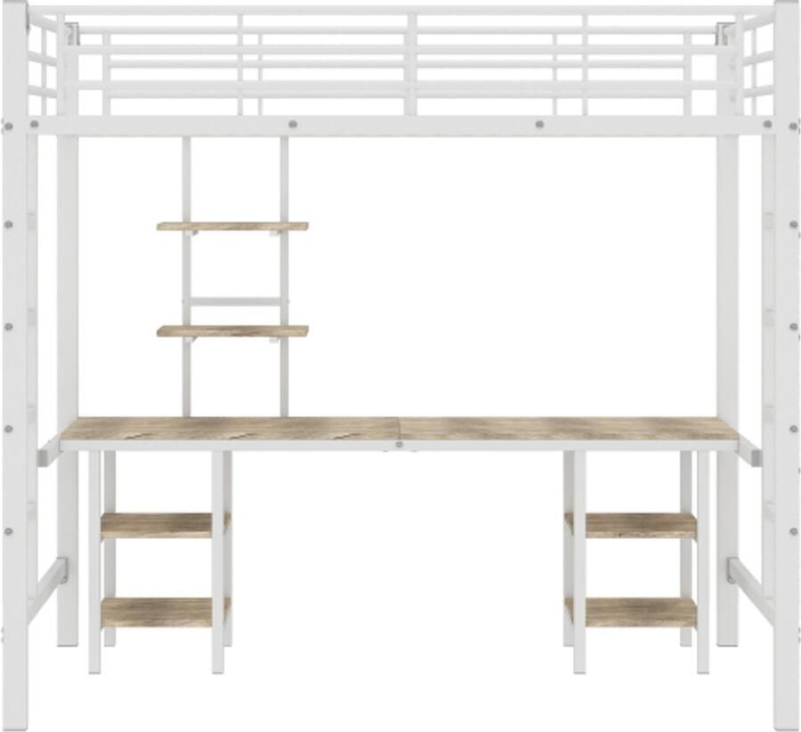 Gotagee hoogslaper met tafel en planken geschikt voor kinderen en tieners kinderbed met zijladder met valbeveiligingsrooster ijzeren bed wit 90x200cm
