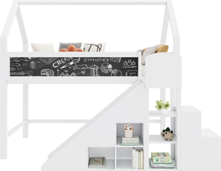 Gotagee hoogslaper multifunctioneel kinderbed eenpersoonsbed met graffiti-proof bord glijbaan trap en kasten trap met opbergruimte zonder matras 90x200 cm wit
