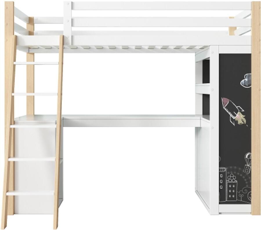 Gotagee hoogslaper multifunctioneel kinderbed met ladder bureau opbergvak lade schoolbord plank zonder matras wit + naturel 90*200