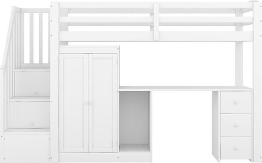 Gotagee Hoogslaper thuisbed 90x200cm kinderbed jeugdbed met kledingkast en trap bureau lades eenpersoonsbed functioneel bed zonder matras bed