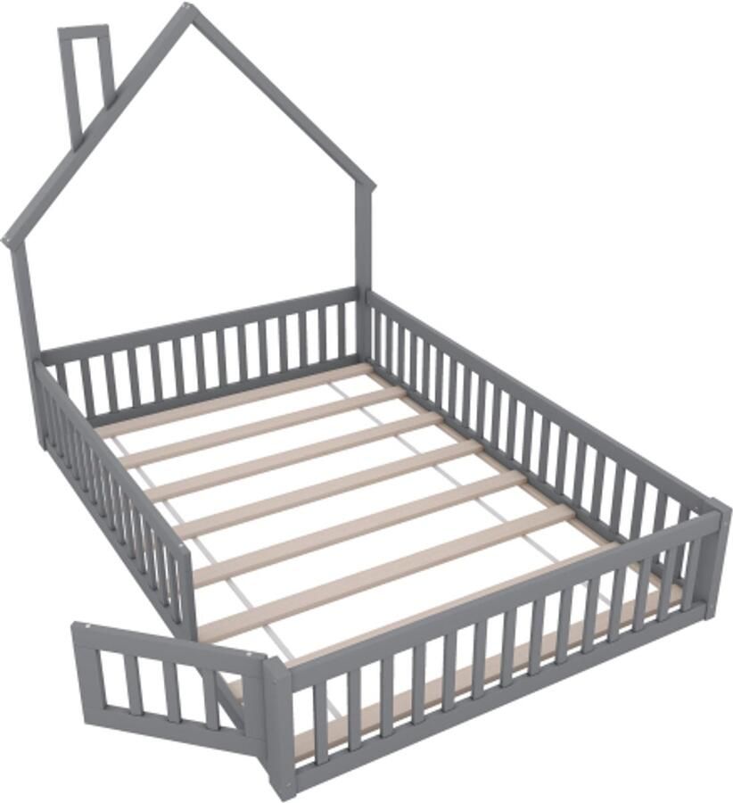 Gotagee Houten bed 140 x 200 cm kinderbed met schoorsteenvorm bed met lattenbodem (zonder matras) grenenhout minimalistische stijl grijs