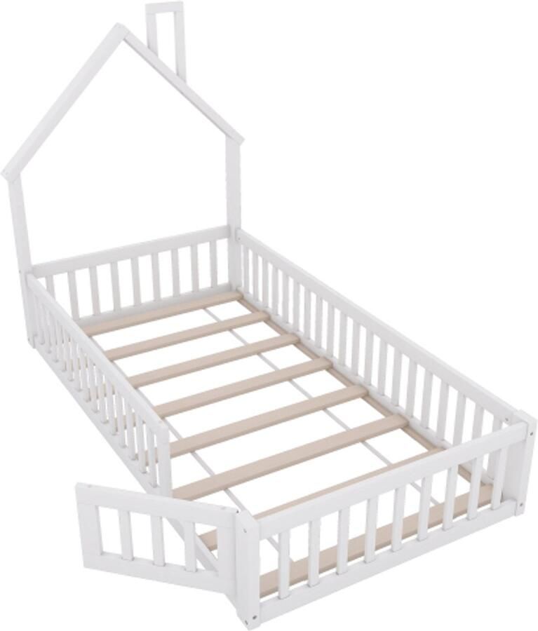 Gotagee Houten bed 90 x 200 cm kinderbed met schoorsteenvorm bed met lattenbodem (zonder matras) grenenhout minimalistische stijl wit