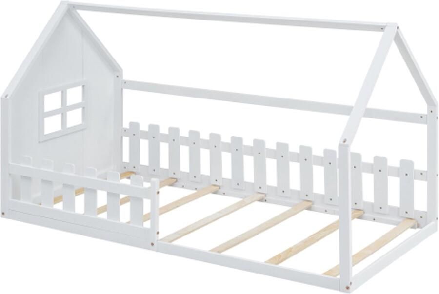 Gotagee Houten bed 90x200cm vlak bed kinderbed huisrail wit Minimalistisch Design