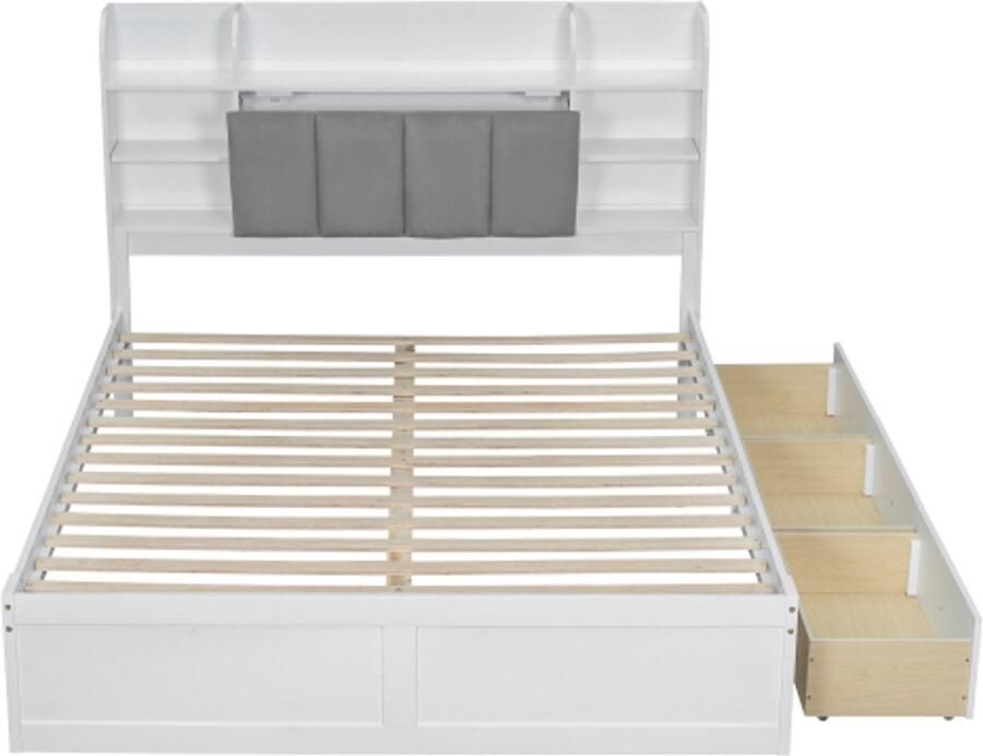 Gotagee Houten bed tweepersoonsbed open plank drie lades met wielen metalen handgrepen opbergvak met neerklapbare deur grenen frame adolescenten en volwassenen fluweel wit+grijs 160x200cm(zonder matras)