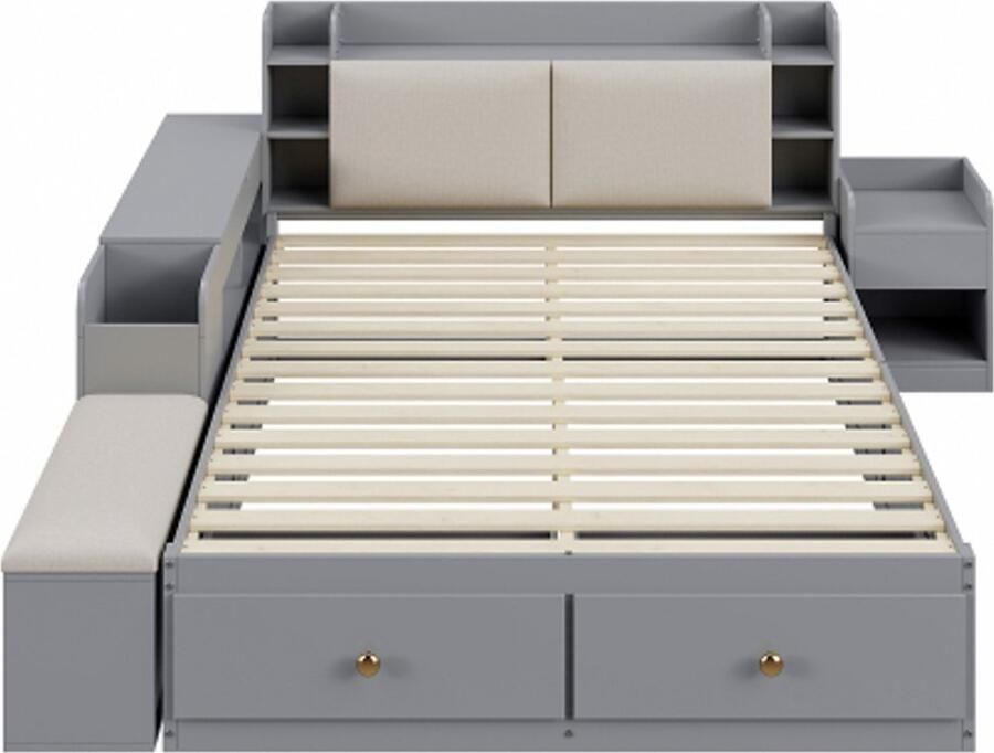 Gotagee Houten combi bed 140x200cm hoofdbord met ingebouwde opbergruimte met lades met nachtkastje met opbergkast met slaapbank opbergbed tweepersoonsbed grijs