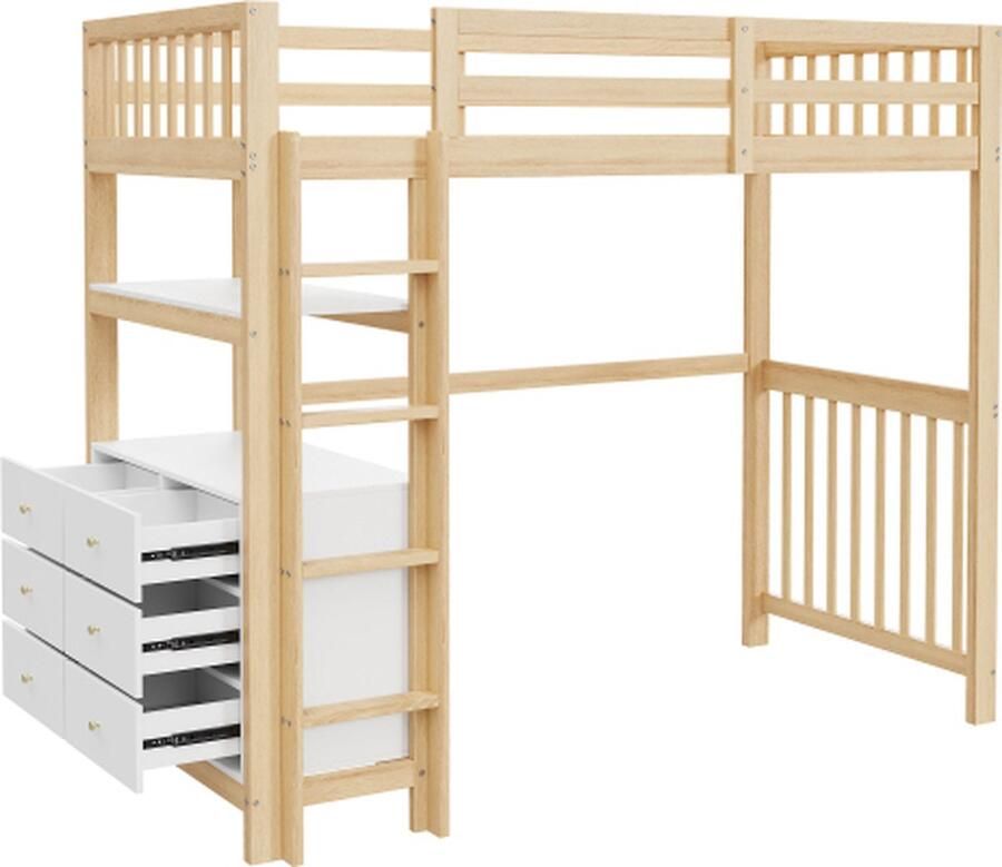 Gotagee Houten Hoogslaper 90x200 cm met Verticale Veiligheidsladder Opbergladen en Planken