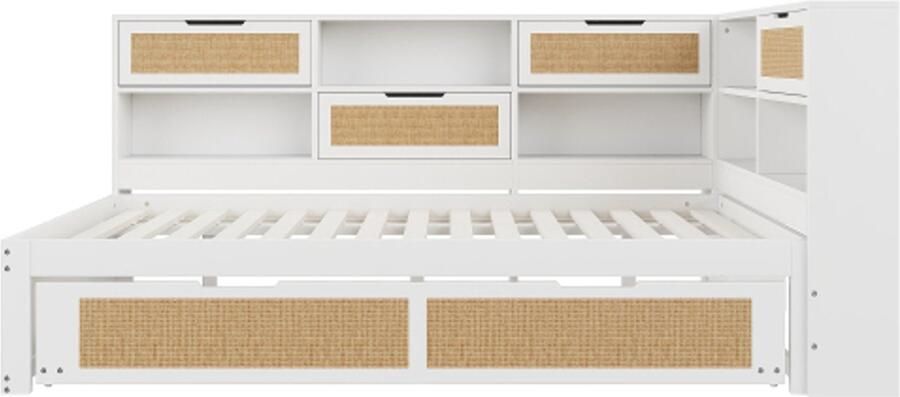 Gotagee Houten slaapbank 140x200 met uitschuifbaar bed Multifunctioneel eenpersoonsbed Kinderbed met veel opbergvakken en oplaadpoort Wit