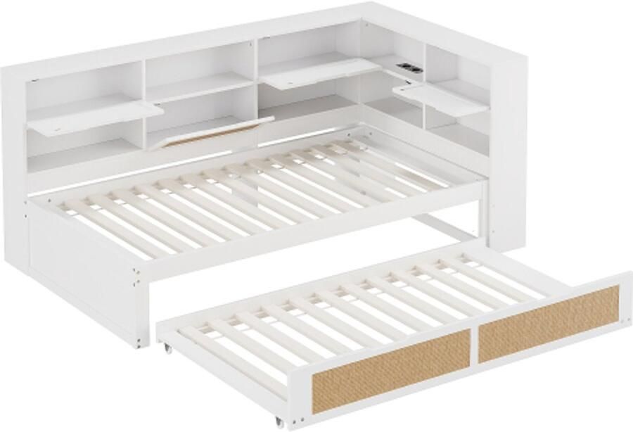 Gotagee Houten slaapbank 90x200 met uitschuifbaar bed Multifunctioneel eenpersoonsbed Kinderbed met veel opbergvakken en oplaadpoort Wit
