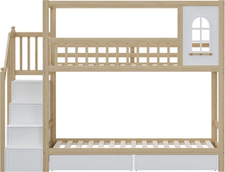 Gotagee Houten Stapelbed 90x200 cm met Vensters Veiligheidshek en Opberglades