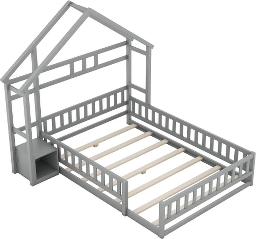 Gotagee Huisbed 140x200cm Kinderbed (zonder matras) Grijs Laadbak met leuningen en nachtkastjes