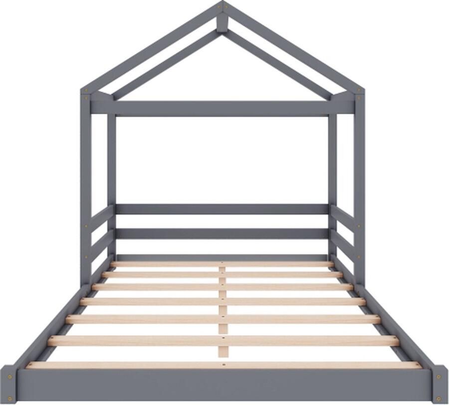 Gotagee Huisbed 140x200cm kinderbed (zonder matras) massief houten bed tweepersoonsbed jeugdbed houten bed vloerbed met lattenbodem grenenhout grijs
