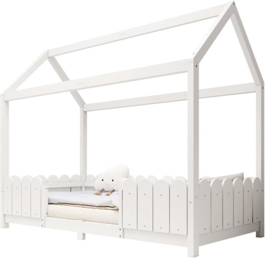 Gotagee Huisbed 90x200 cm wit houten kinderbed met valbeveiliging en lattenbodem (zonder matras)