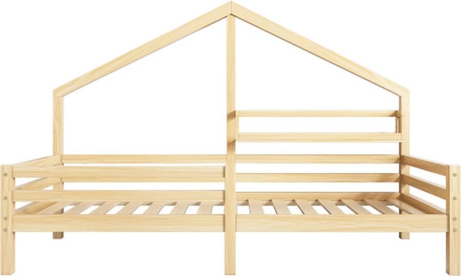 Gotagee Huisbed 90x200cm eenpersoonsbed (zonder matras) kinderbed massief houten bed met opbergplank schoorsteenvorm met lattenbodem natuurlijke kleuren