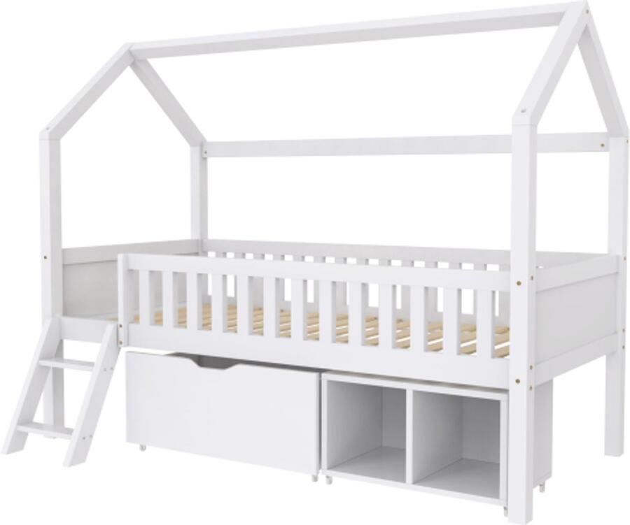 Gotagee Huisbed 90x200cm Kinderbed Jeugdbed Met Laden En Opbergvakken Met Anti-Val Reling Wit
