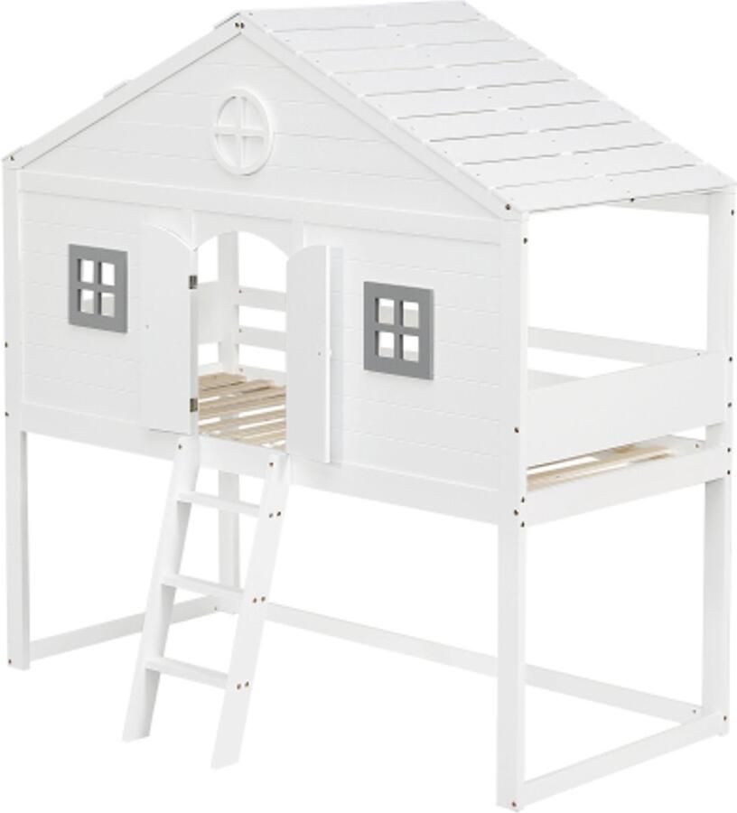 Gotagee Huisbed 90x200cm met trap met valbeveiliging en spijlen twee grijze ramen kinderbed met raam vrij vormgegeven basis frame van grenen+MDF wit+grijs