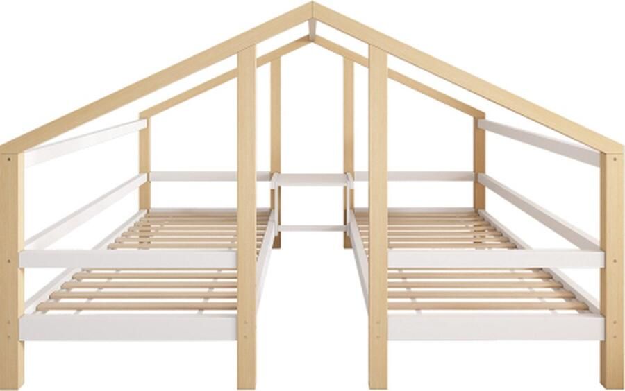 Gotagee Huisbed 90x200cmx2 Kinderbed (zonder matras) Jeugdbed met twee eenpersoonsbedden Met nachtkastje en lattenbodem Met valbeveiliging Wit en naturel