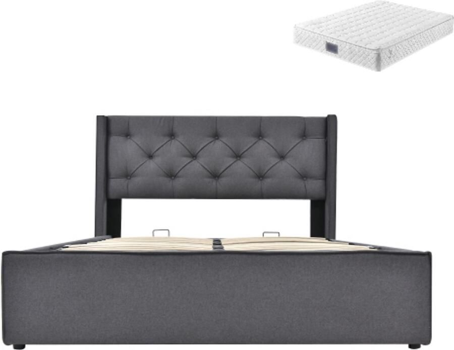 Gotagee Hydraulisch Gestoffeerd bed 140x200 cm Tweepersoonsbed Met lattenbodem uit metalen frame Modern bedframe Met opbergruimte Katoen Grijs Met matras