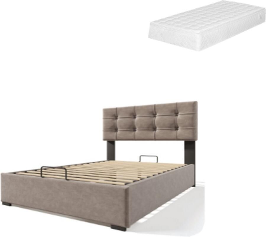 Gotagee Hydraulisch Gestoffeerd bed 140x200 cm Tweepersoonsbed Met verstelbaar hoofdbord Lattenbodem uit metalen frame Modern bedframe Met opbergruimte Lichtgrijs Met matras