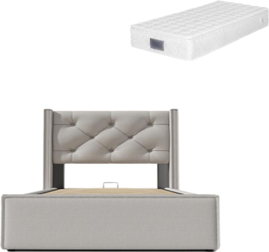Gotagee Hydraulisch Gestoffeerd bed 90x200 cm Eenpersoonsbed Met lattenbodem uit metalen frame Modern bedframe Met opbergruimte Katoen Lichtgrijs Met matras