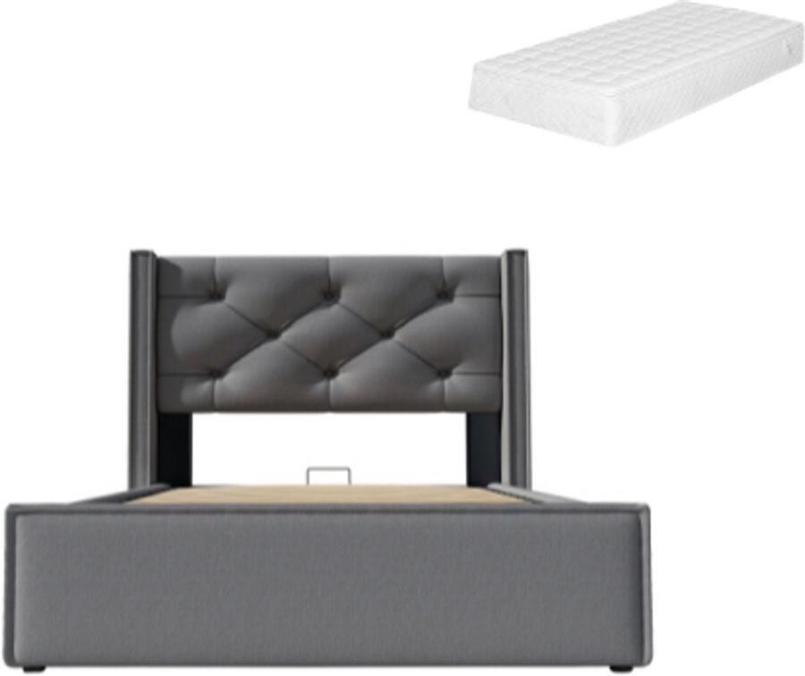 Gotagee Hydraulisch Gestoffeerd bed 90x200 cm Eenpersoonsbed Met lattenbodem uit metalen frame Modern bedframe Met opbergruimte Katoen Grijs Met matras