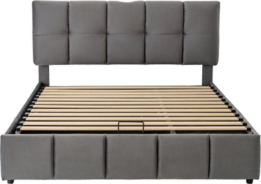 Gotagee Hydraulisch gestoffeerd bed tweepersoonsbed 140x200 cm drie lades verstelbaar hoofdeinde 3 oplaadpoorten vierkant schuimhoofdeinde modern bedframe met opbergruimte fluweel grijs