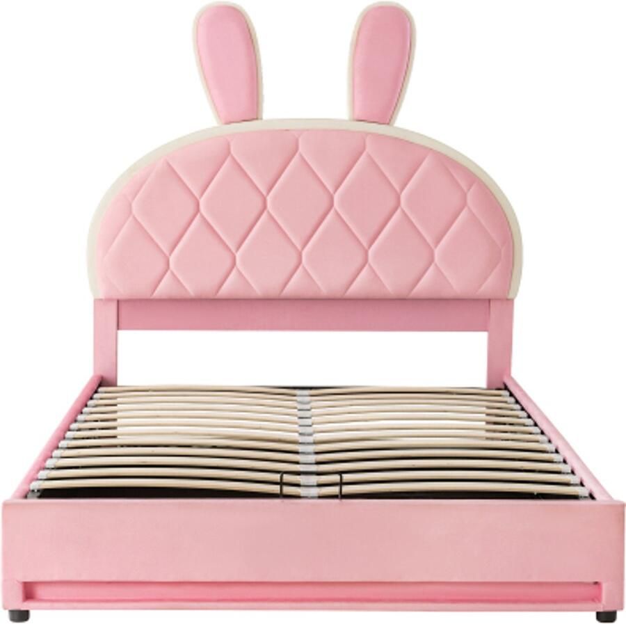 Gotagee Hydraulisch gestoffeerd bed tweepersoonsbed 140x200 cm verstelbaar hoofdeinde konijnvormig hoofdeinde bed met metalen lattenbodem modern bedframe met opbergruimte fluweel roze