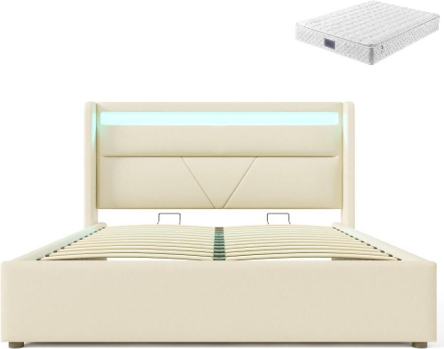 Gotagee Gestoffeerd Bed 160×200 cm Tweepersoonsbed Met Matras Wit Hydraulisch Met LED Opbergruimte Lattenbodem