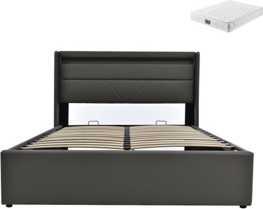 Gotagee Hydraulisch Opbergruim bed Met LED verlichting 140x200 cm Tweepersoonsbed Multifunctioneel bed Grijs Met matras