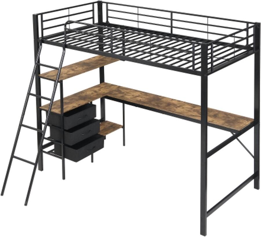 Gotagee IJzeren bed hoogslaper 90x200cm geschikt voor kinderen en adolescenten drie lades met 2m lange tafel schuine ladder met vier treden ijzer + spaanplaat zwart + donker notenhout