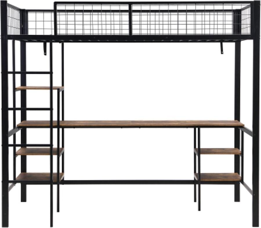Gotagee IJzeren bed hoogslaper geschikt voor kinderen en adolescenten met tafel en plank met viertrapsladder ijzer + spaanplaat zwart + donkere houtkleur 90x200cm