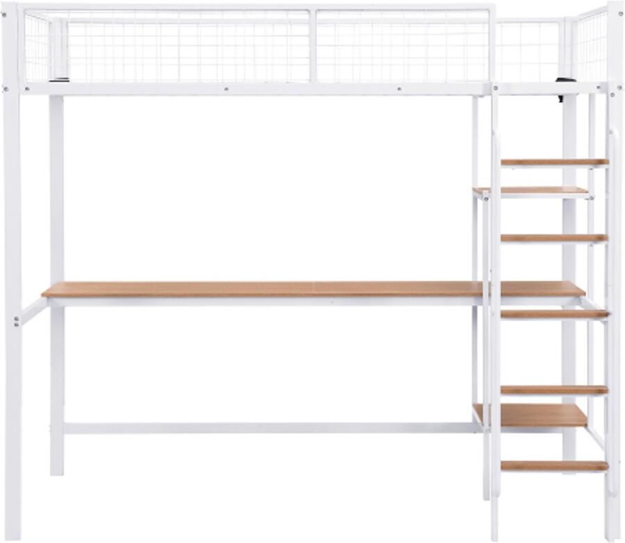 Gotagee IJzeren frame bed hoogslaper met tafel en planken geschikt voor kinderen en tieners met vijf-traps ladder met veiligheidshekje ijzer + MDF wit + naturel 90x200cm
