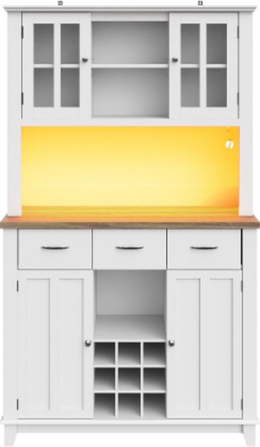 Gotagee Keukenkast Hoge kast Keuken Buffet Vitrinekast Buffetkast met verstelbare planken Dressoir met LED Met houtkleurige laden