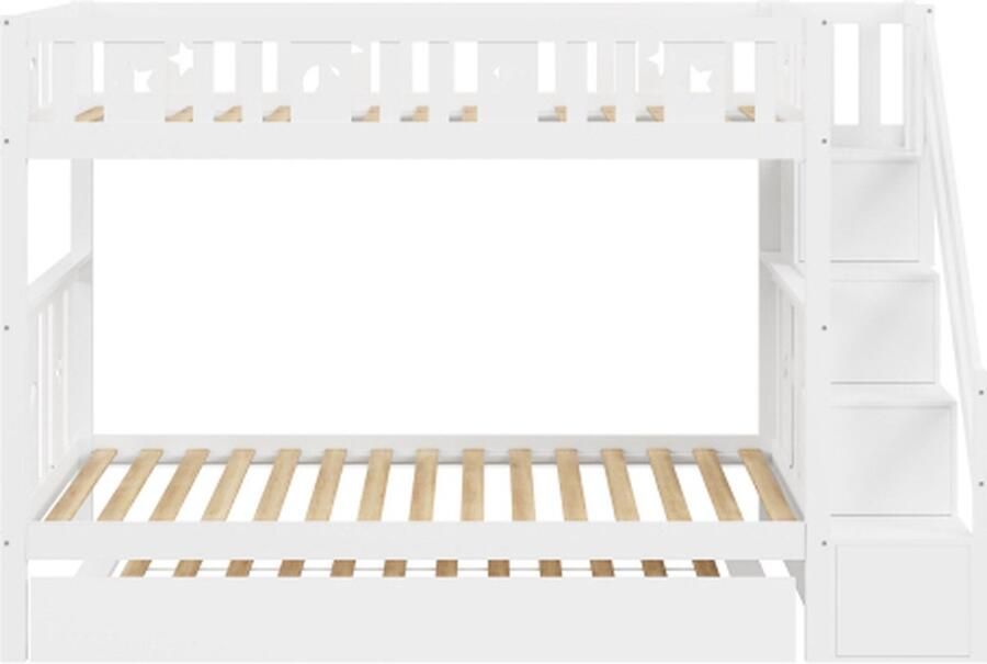 Gotagee Kinder-Etagenbed 90x200 cm Massief Houten Etagenbed Uittrekbaar Bed 90x190 cm met Veiligheidsladder Opbergladder Lattenbodem Wit