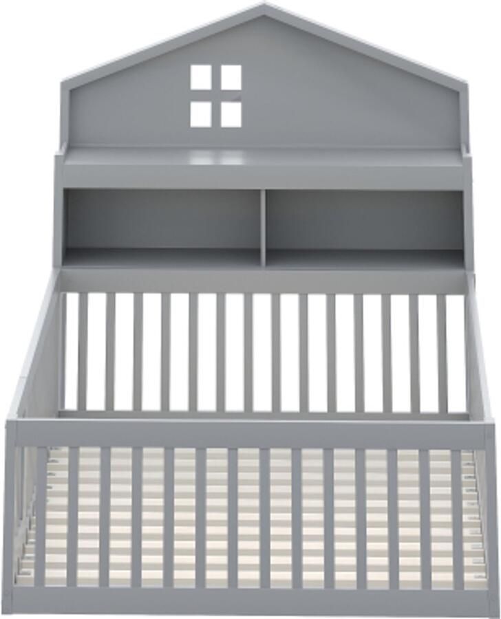 Gotagee Kinderbed 140 x 200 huisreling met planken en opbergruimte met beschermrooster en deur met schilderijlijst met lattenbodem grijs