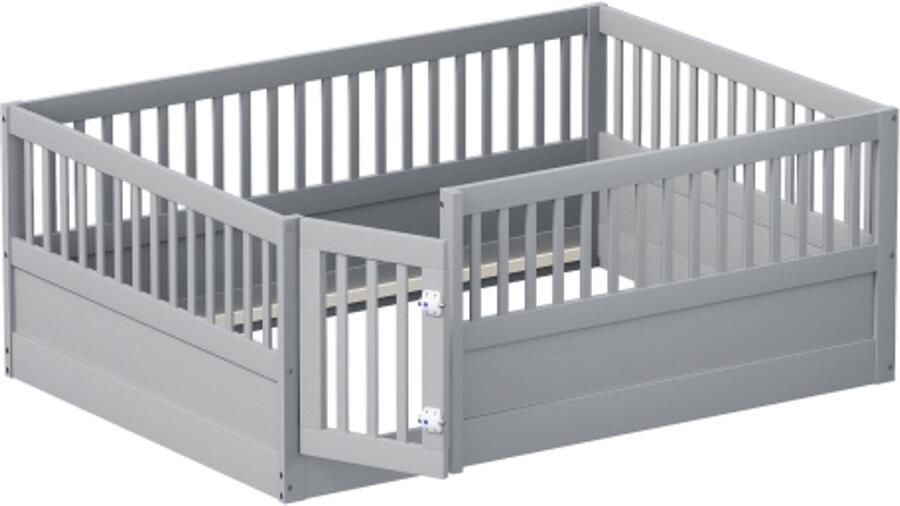 Gotagee Kinderbed 140 x 200cm houten bedframe met spijlen en deur grijs Grondbed zonder lattenbodem Zonder matras