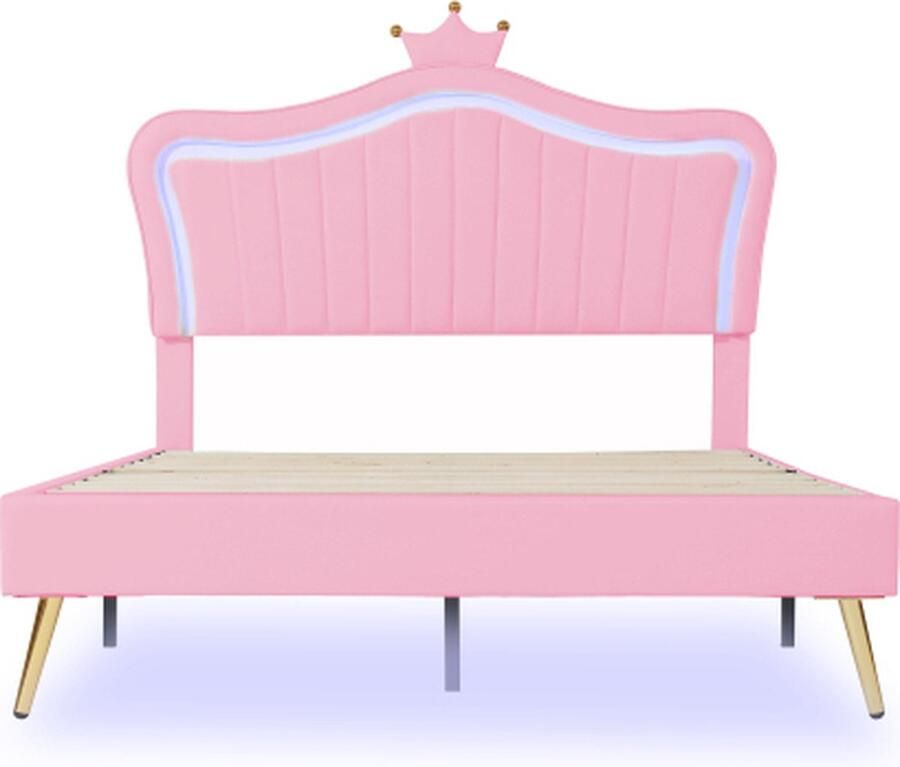 Gotagee Kinderbed 140x200cm Gestoffeerd bed (zonder matras) met LED PU Roze